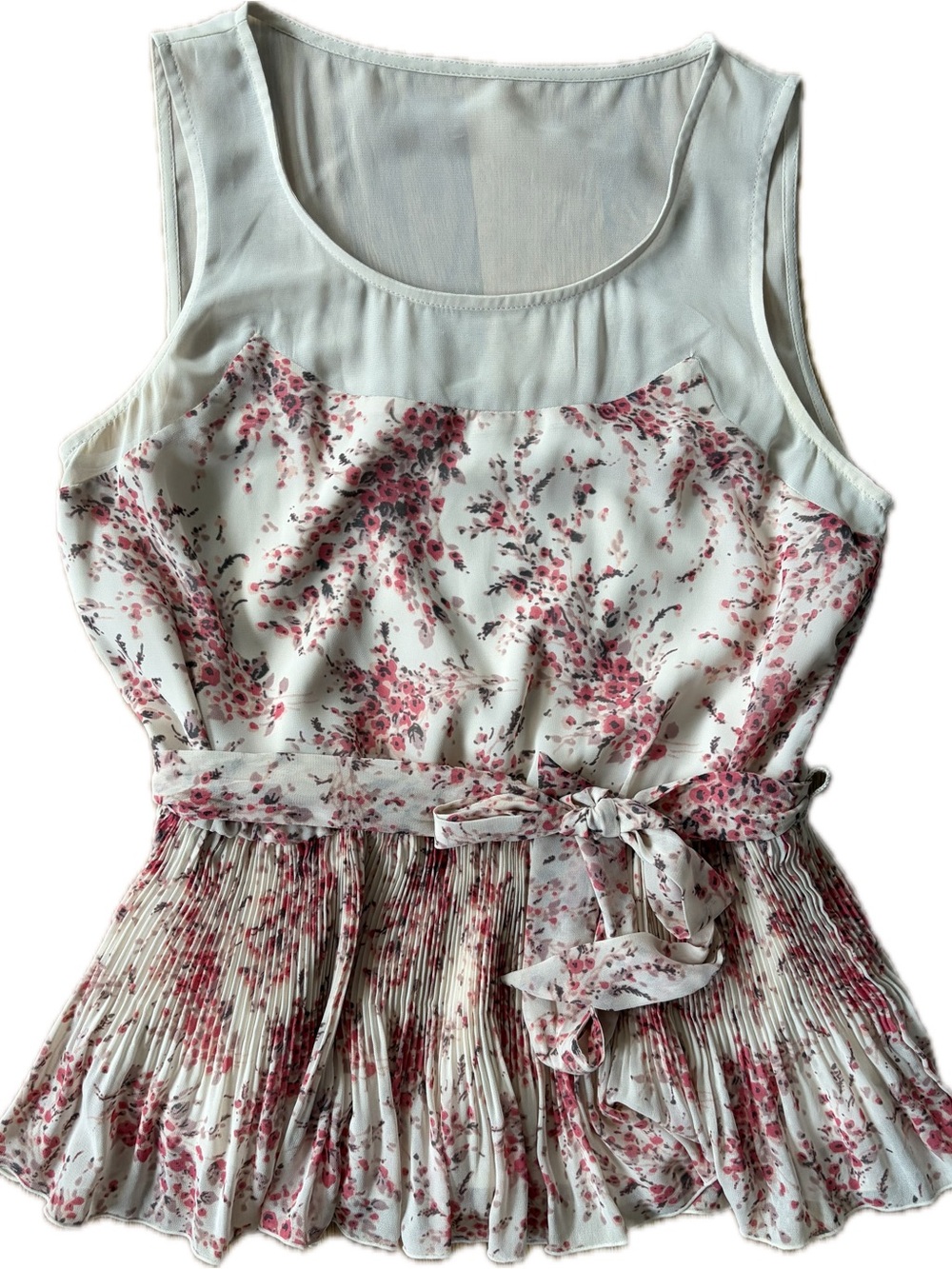 Floral Pink Pleated Waist-Tie Tank Top